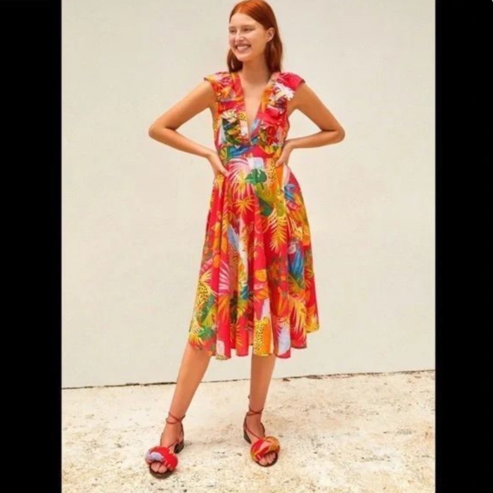 FARM Rio Tropical Floral Midi Dress in Red, Pink, Yellow, Green